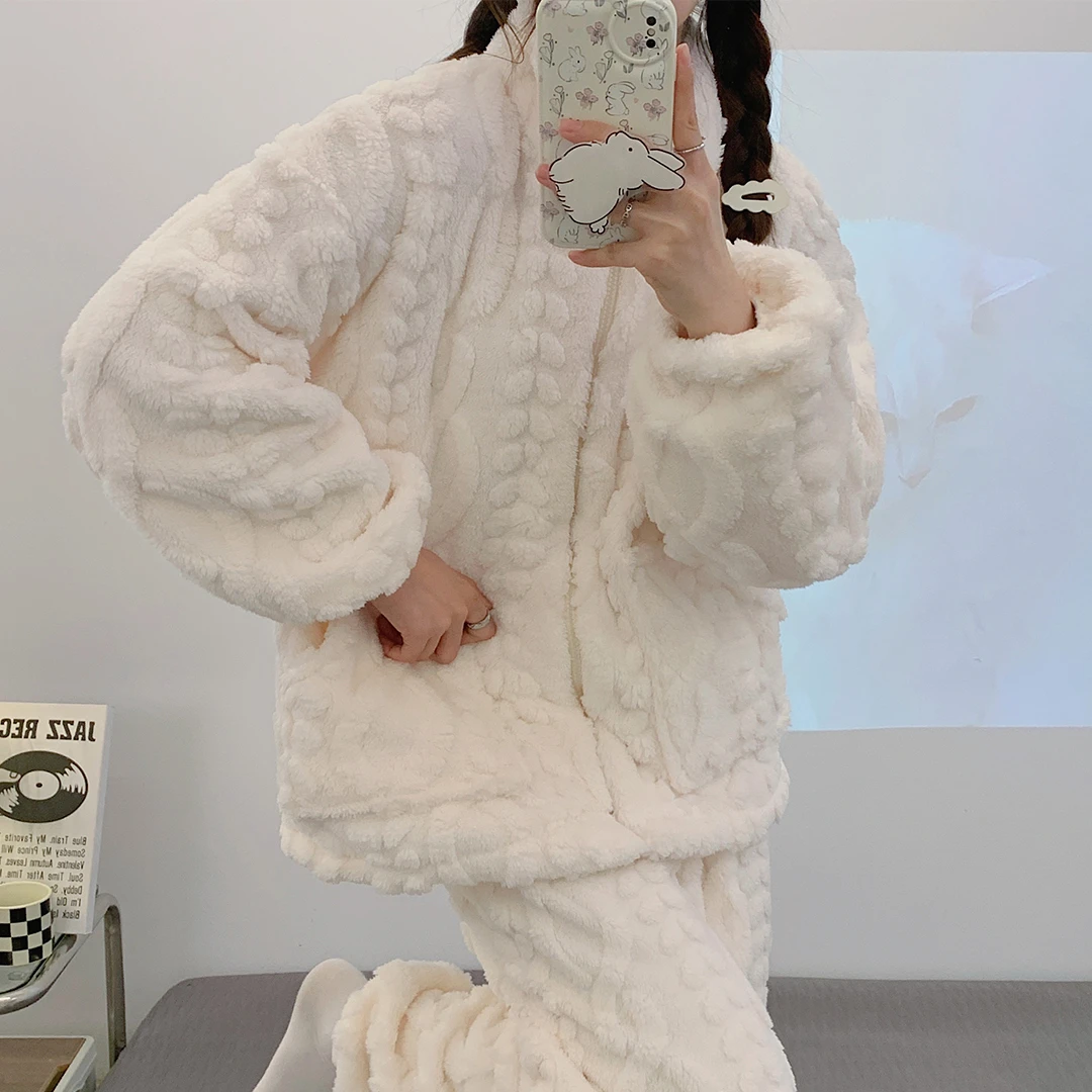 睡衣女秋冬季2023新款舒适保暖加绒加厚可外出拉链毛绒冬季家居服