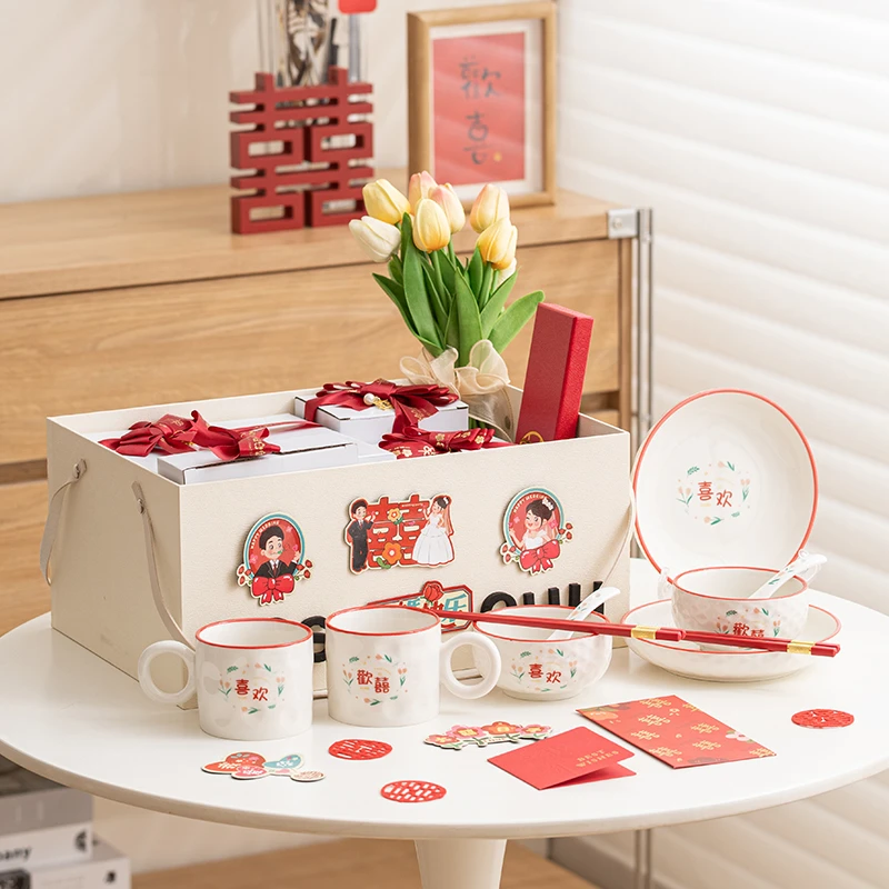 新婚礼物送闺蜜朋友喜碗喜杯新婚实用订婚餐具陶瓷碗筷勺套装定制