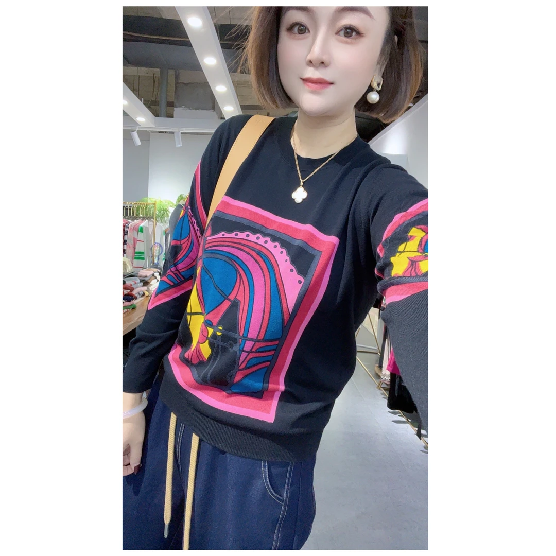 【DJ轻奢】艾玛欧货独特别致上衣秋冬季新款长袖涂鸦拼色针织衫