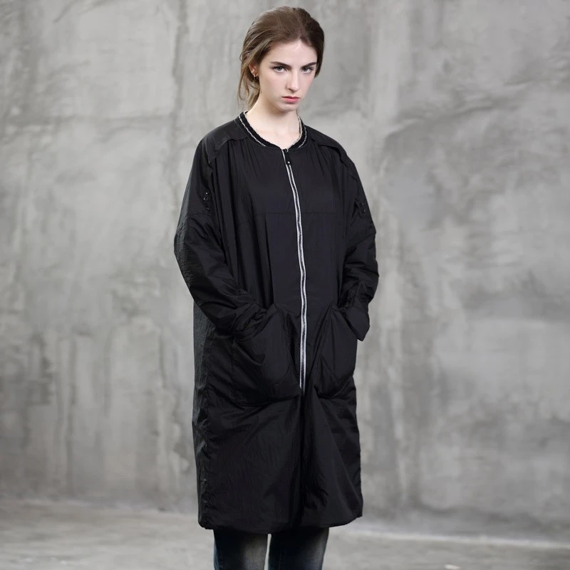 秋冬新款原创纯色拉链多口袋上衣宽松中长款风衣外套女装 2272