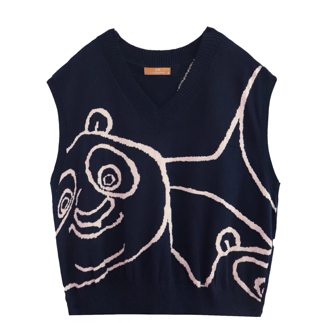 秋季新款设计感小熊减龄俏皮针织马甲女内搭无袖坎肩上衣  3665