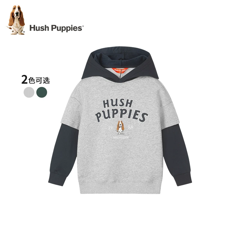 暇步士童装秋季新款男童休闲时尚连帽拼色假两件卫衣