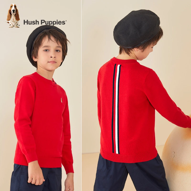 暇步士童装冬季新款中大童厚款线绣圆领红色套头线衣CW577儿童