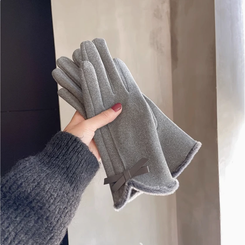 温柔蝴蝶结冬季开车手套女士加厚加绒保暖骑行防风呢子分指可触屏
