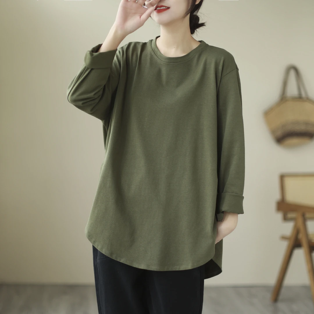 前短后长韩版圆领长袖T恤女大码加厚宽松体恤中长款上衣秋装新款