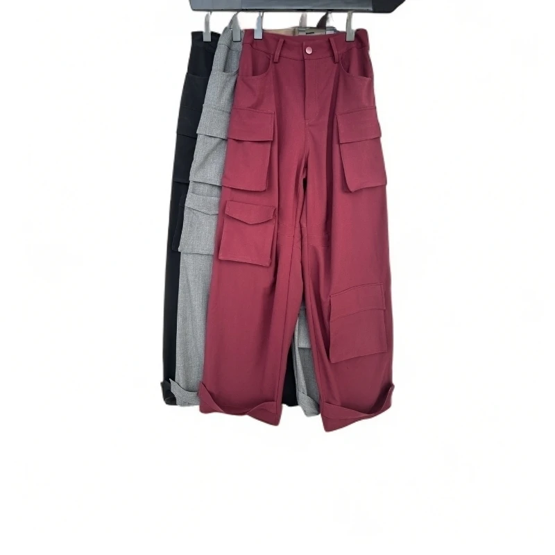 Eio早秋休闲宽松工装裤直筒秋季潮流红色纯色百搭黑色KX2409068