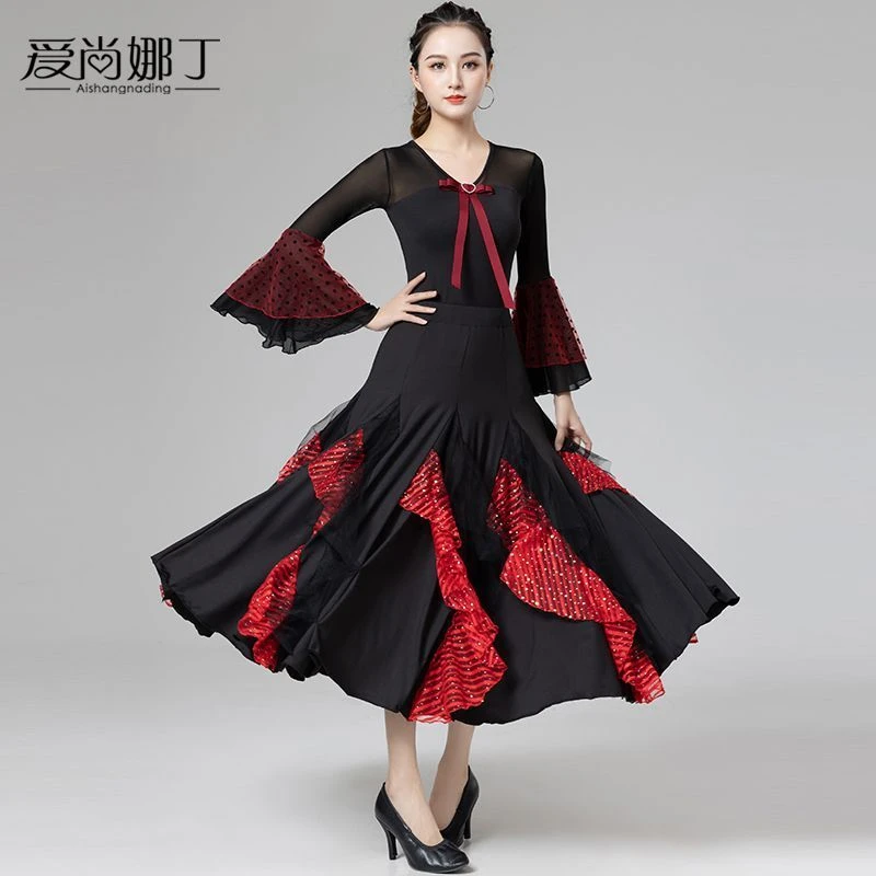 摩登舞裙女新款国标华尔兹交谊际跳蹈服表演出长袖上衣大摆半身裙