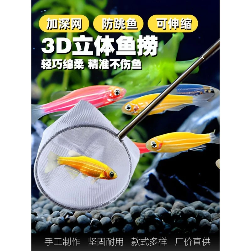 鱼缸捞网超密网加长款小型观赏鱼小鱼小虾蝌蚪不锈钢伸缩3D立体