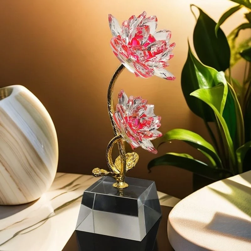 CY水晶花好运莲莲莲花摆件玄关酒柜家居装饰品轻奢高档结婚礼物
