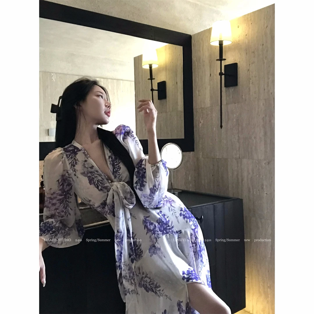 中意紫藤花/古朴美人氛围感复古气质显瘦开叉连衣裙1054小众