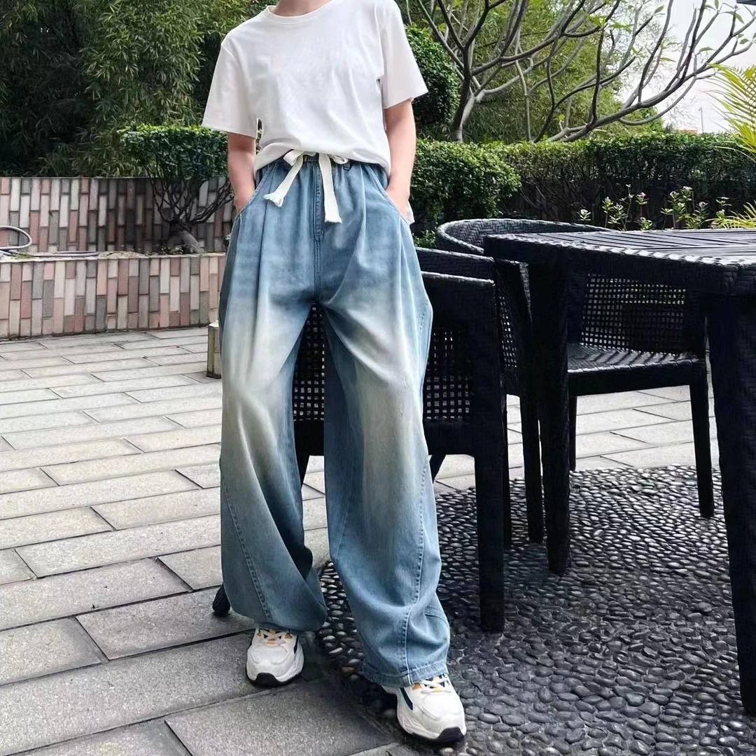 2024爆款阔腿牛仔裤新款休闲百搭夏季水洗渐变色垂感牛仔裤