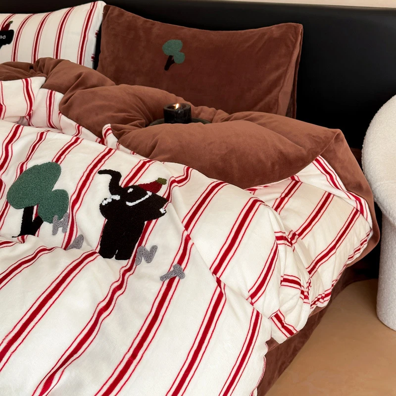 ins风牛奶绒秋冬季加绒四件套双面加厚珊瑚绒卡通儿童法兰绒