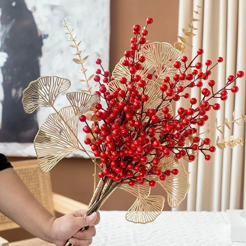 发财果仿真花红果冬青果红浆果尤加利银杏叶客厅装饰乔迁结婚摆件
