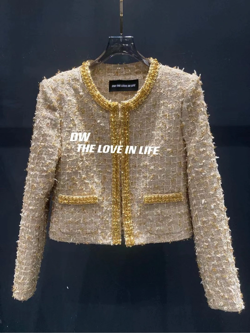 24SS//DW高定金丝格纹重工钉珠香小姐外套小香风短款秋季百搭
