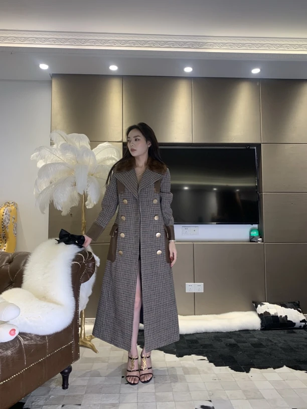 24AW//DW 高定孤品美拉德千鸟格拼接水貂毛领长款羊毛大衣