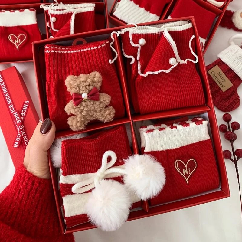 大红袜子本命年礼盒装秋冬蛇年圣诞节红色纯棉新年礼物好运长筒袜