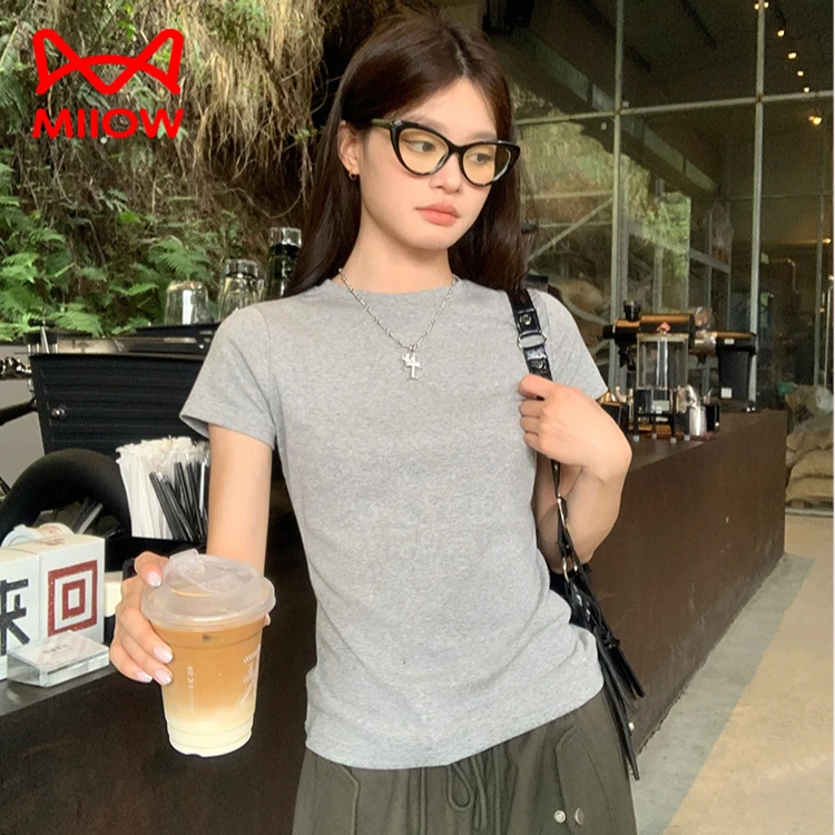 猫人JS韩系棉质灰色短袖女夏新款圆领修身显瘦正肩上衣百搭纯色T