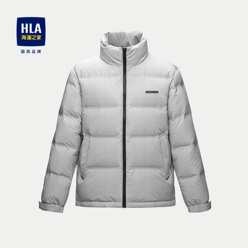 HLA/海澜之家男款无帽立领羽绒服挺括保暖格子白鸭绒外套男秋冬