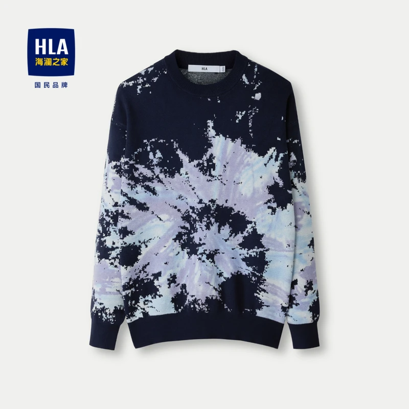 HLA/海澜之家宽松套头花纹包芯纱圆领长袖针织衫男时尚休闲舒适