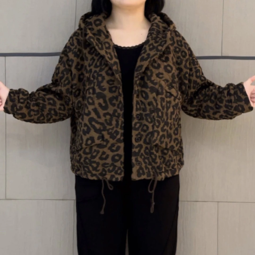 妈妈装豹纹加绒加厚保暖时尚百搭显瘦外套短款休闲连帽宽松