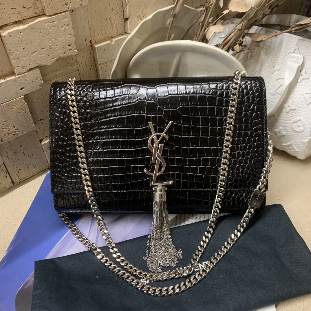 95新 YSL/圣罗兰 黑银kate流苏包 中号