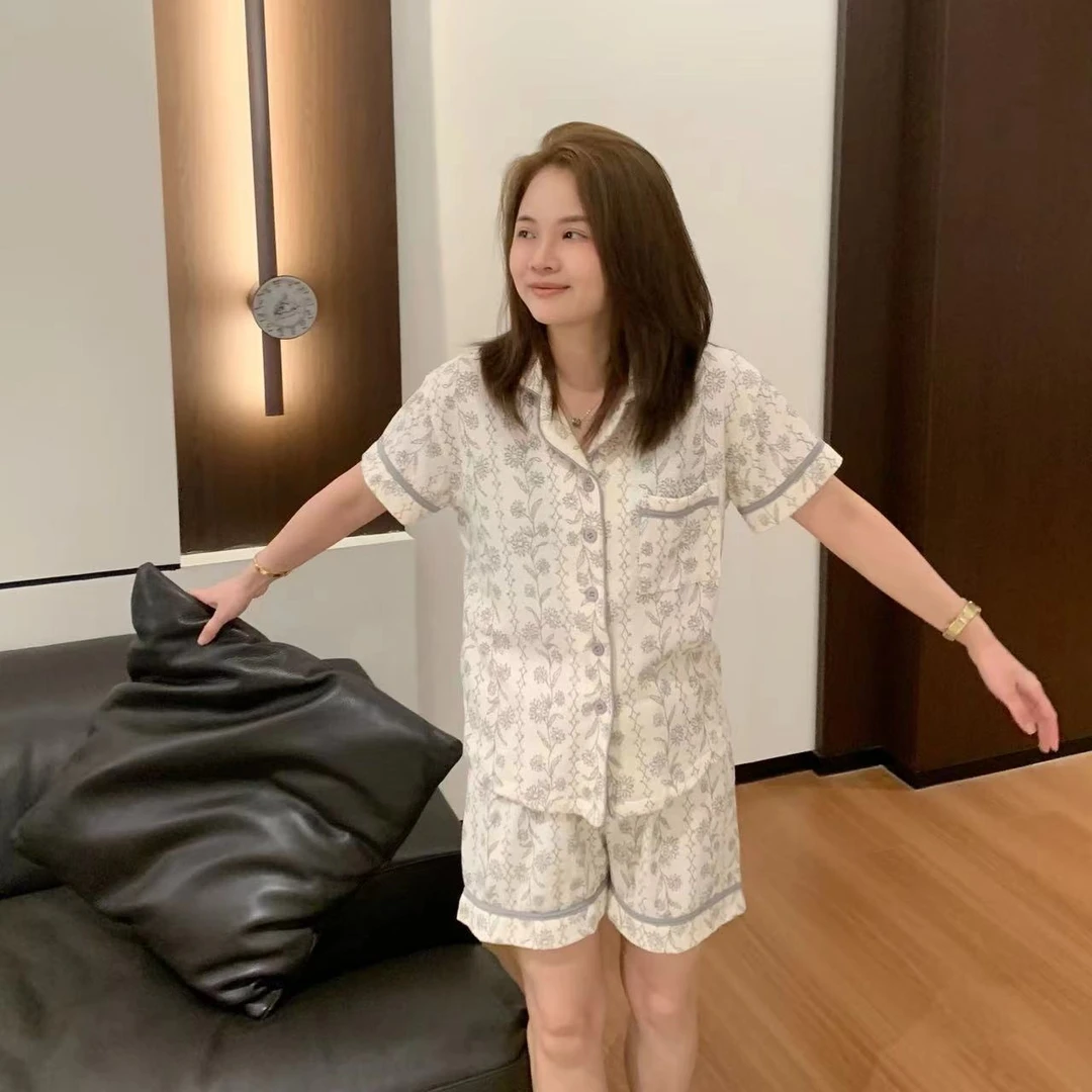 【折扣】YO定制花纹肌理感短袖短裤睡衣套装夏季休闲舒适透气家居服
