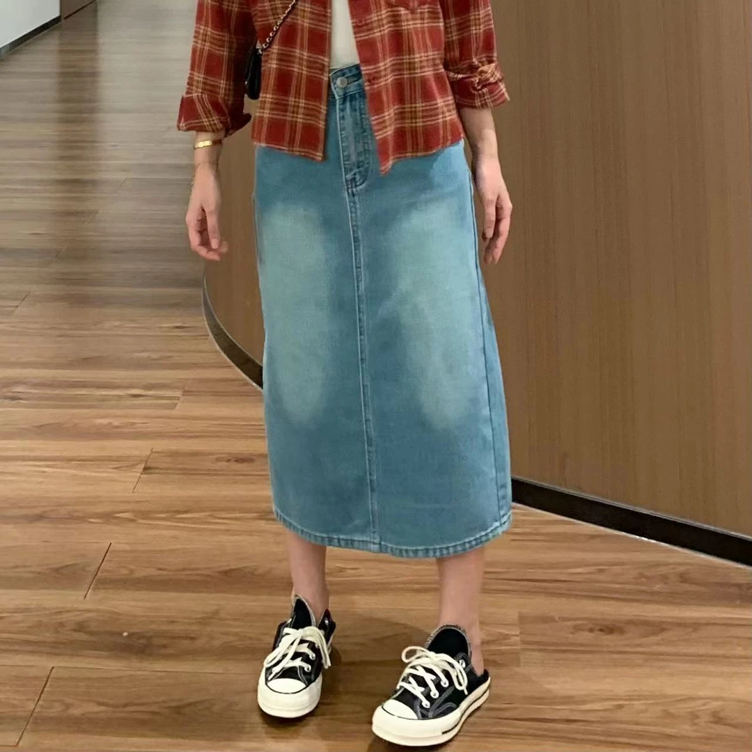 【折扣】YO定制早秋韩系复古百搭后开叉牛仔裙高腰显瘦无弹半身裙子