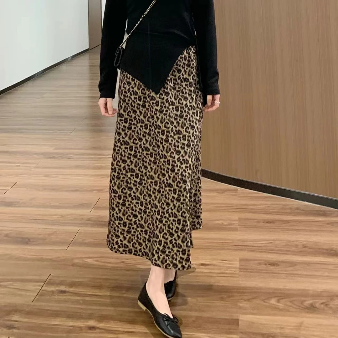 YO定制小个子复古时髦松紧腰豹纹半身裙薄款百搭气质显瘦长裙子