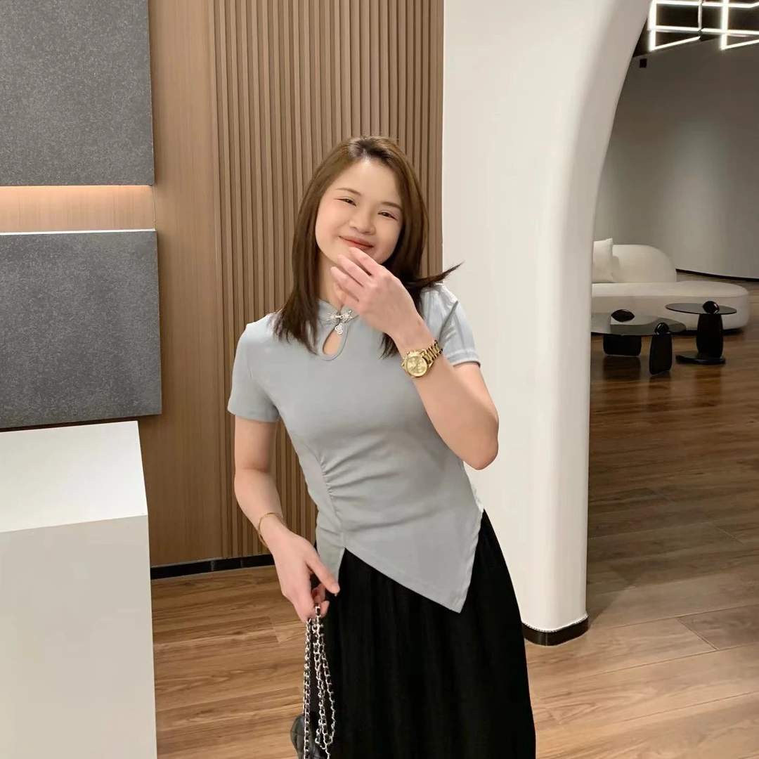【折扣】YO定制新中式不规则收腰短袖T恤小个子国风时髦短款上衣