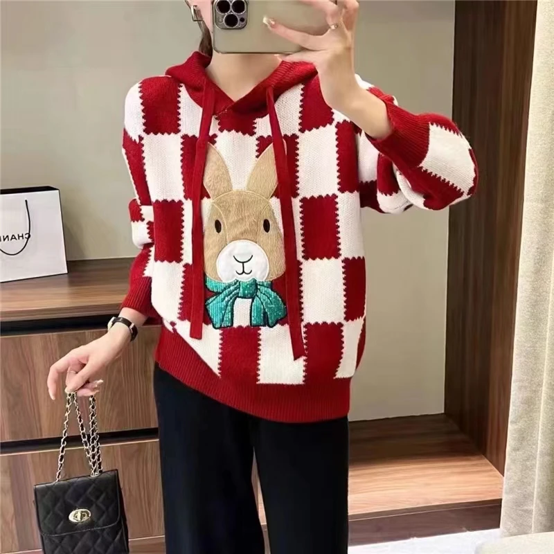 秋冬季新款2023卡通兔子连帽毛衣女外穿网红爆款设计感小众针织衫