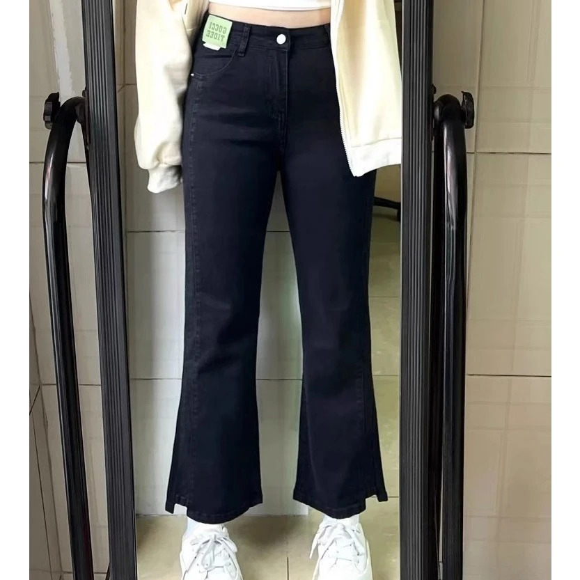 黑色微喇叭大码弹力直筒裤女秋冬胖mm梨型身材微胖显瘦穿搭牛仔裤