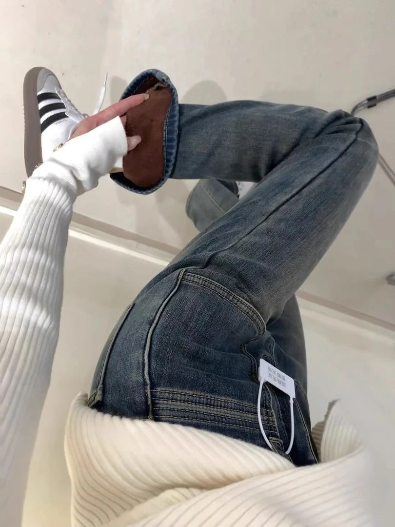 大码加绒加厚微喇牛仔裤女秋冬季胖妹妹mm显瘦高腰弹力复古喇叭裤
