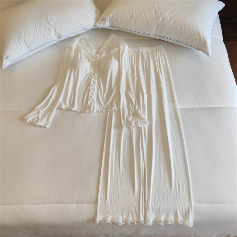 睡衣女秋季蕾丝公主长袖2023新款莫代尔法式甜美带胸垫家居服套装