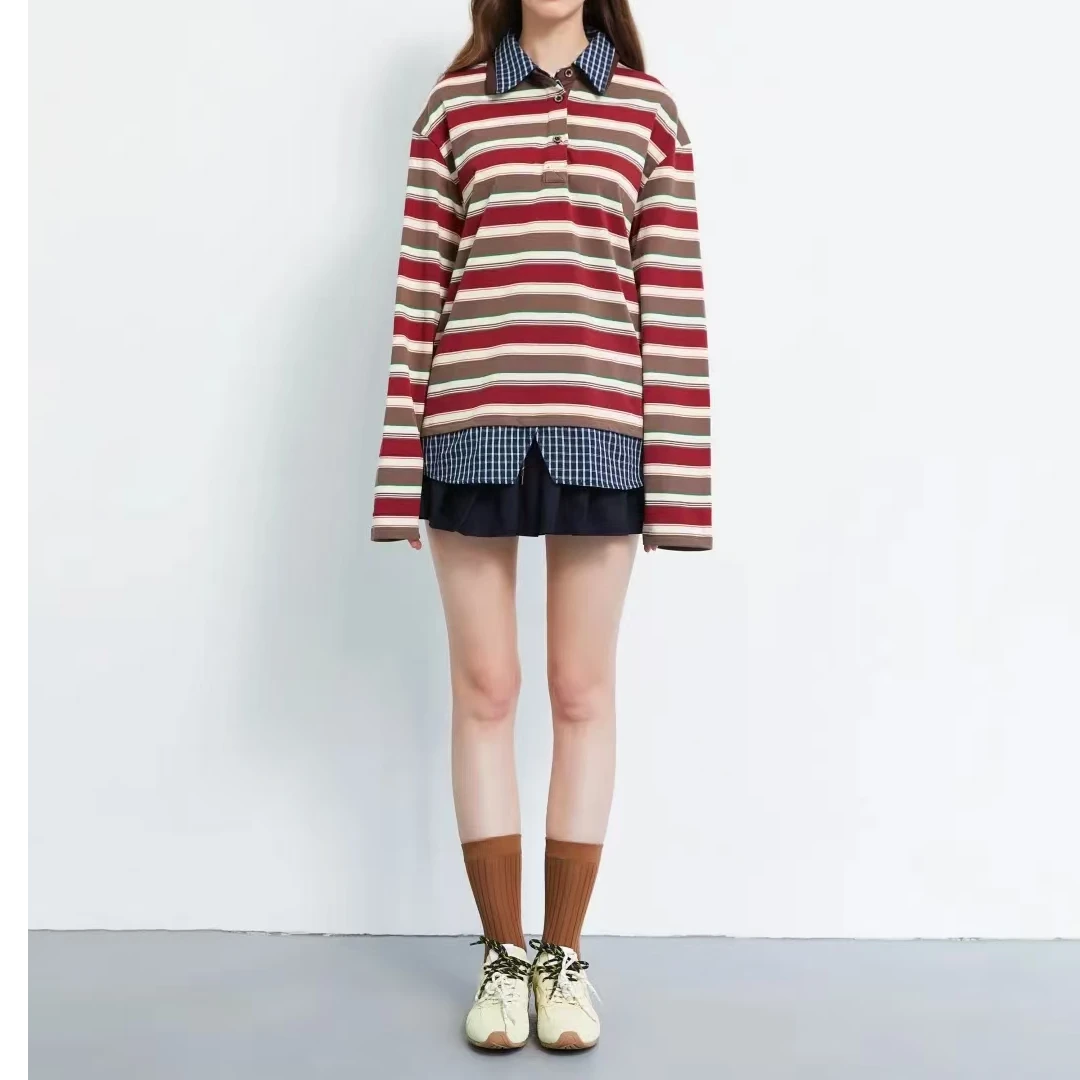 双层领复古撞色条纹翻领中长款polo衫