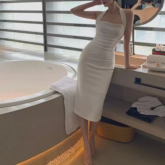（ 复古清冷感）小众抹胸一字挂脖性感纯欲高定显瘦连衣裙（3122）
