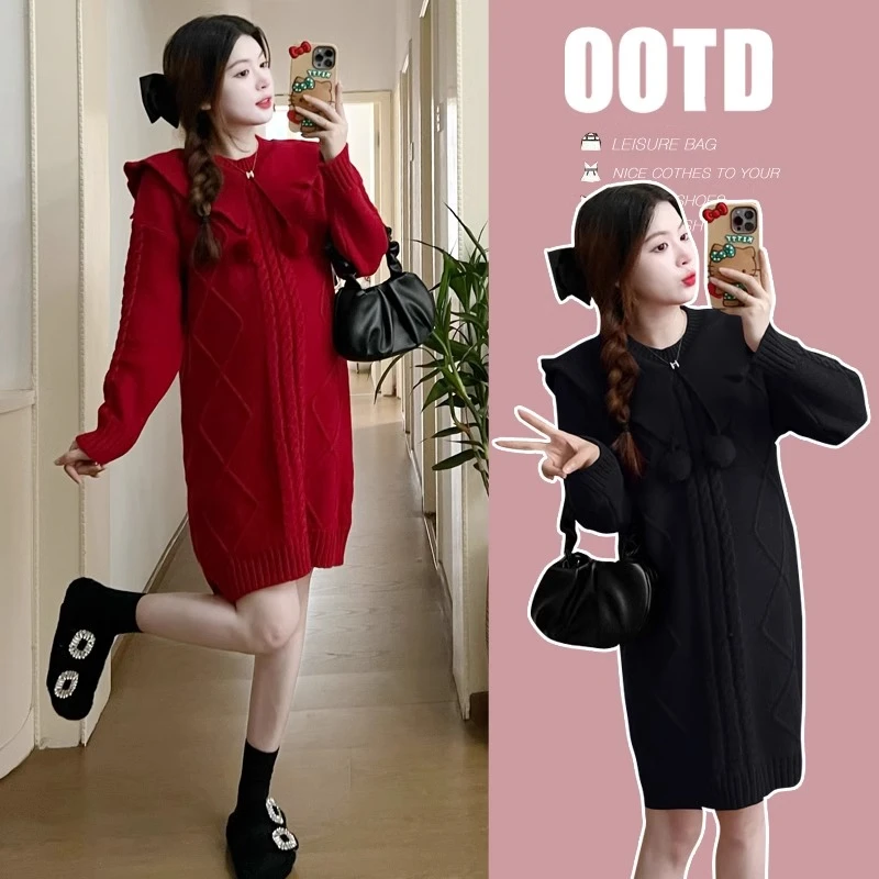 孕妇连衣裙秋冬2024新款时尚新年红洋气时髦小个子加厚针织毛衣裙