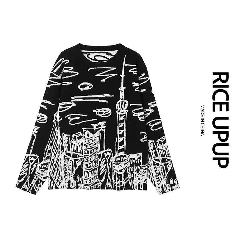 RICE UPUP-"东方明珠"圆领针织提花长袖潮流宽松毛衣