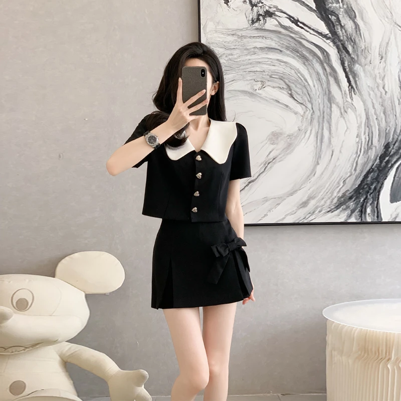 高腰裙裤云朵娃娃领小香风时尚套装女2025夏季高腰短款西装两件套