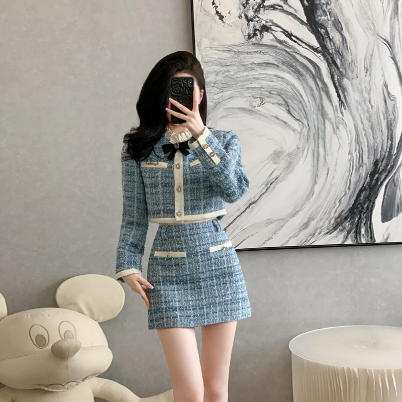 高级感套装裙女秋冬新款小香风蝴蝶结木耳边立领粗花呢外套两件套