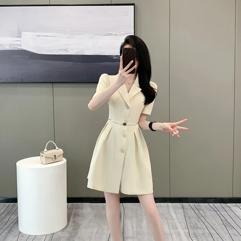 2024夏装新款高级感短袖西装连衣裙女气质女神范通勤显瘦短款裙子