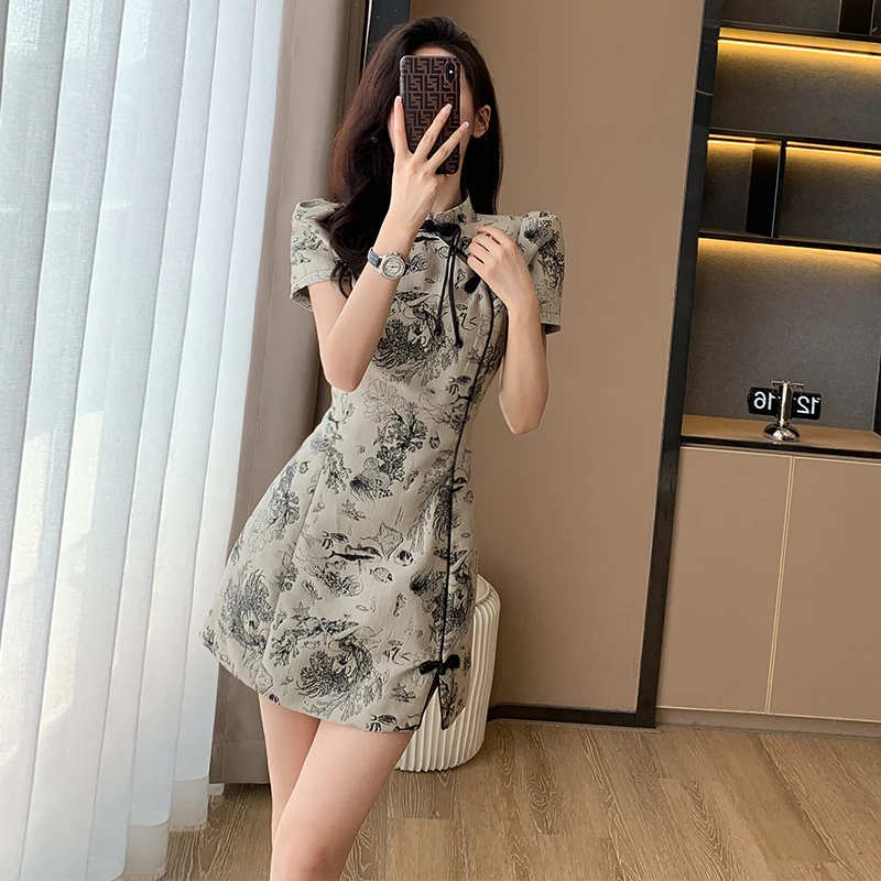 新中式国风盘扣改良旗袍女夏气质设计开叉短裙高级感水墨画连衣裙