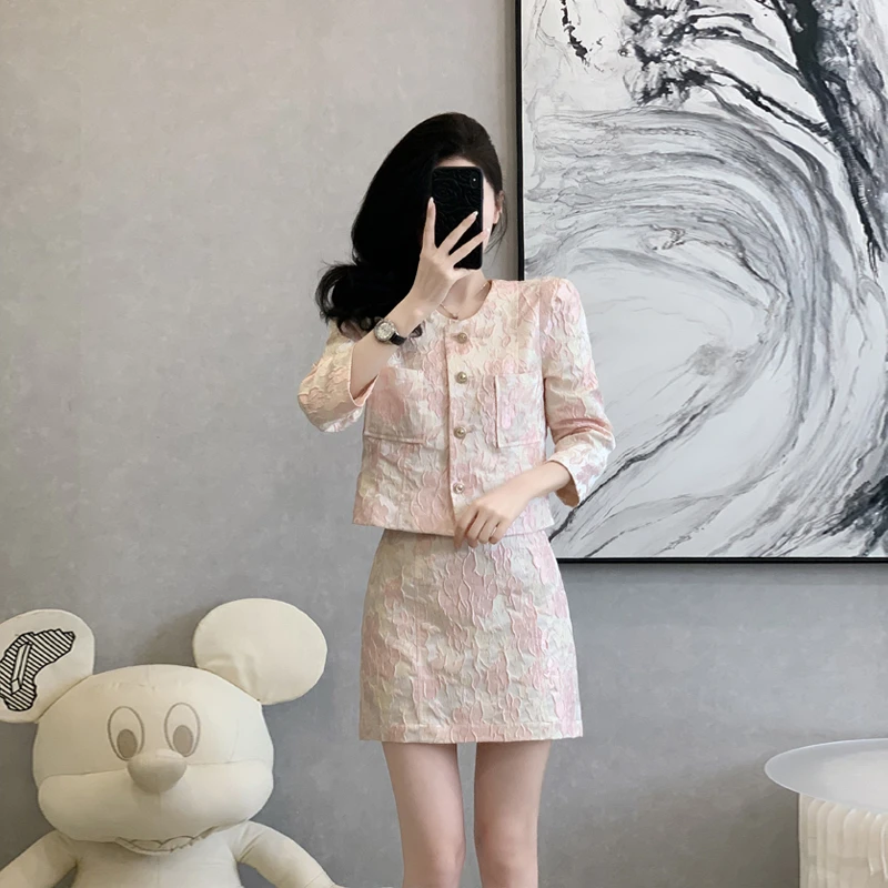 冷淡系女装高级套装早秋粉色提花名媛时尚气质时髦轻熟两件套裙子