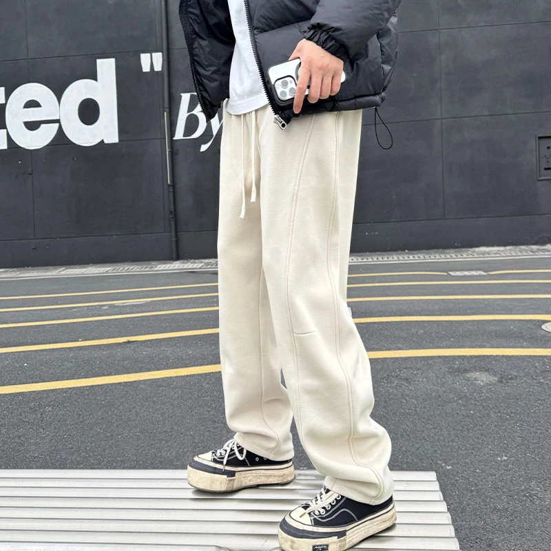 Q.d.R秋冬新款重磅加绒直筒休闲裤男士宽松百搭加厚阔腿显瘦卫裤