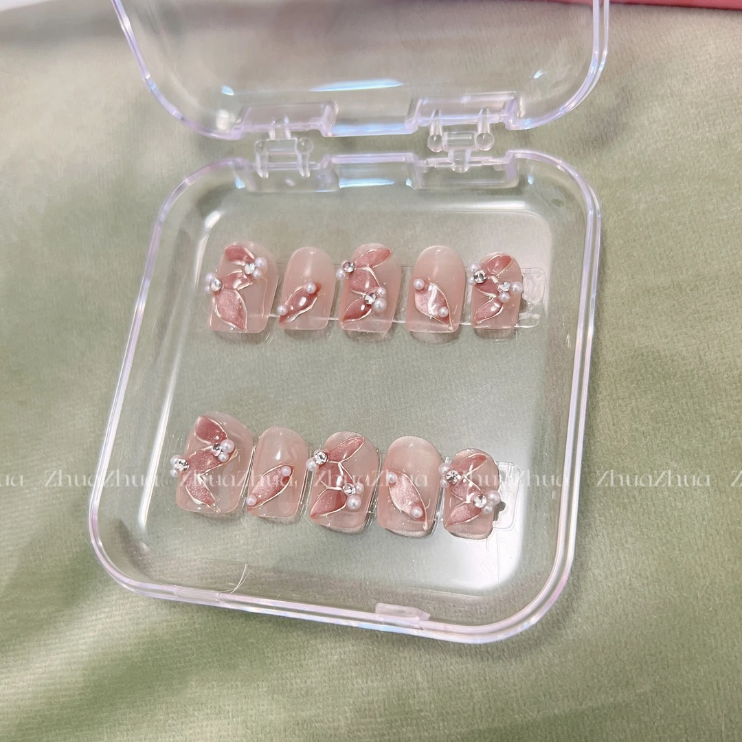 【人鱼】丝带手工穿戴甲细闪珍珠学生显白光疗甲纯手工可拆卸贴片