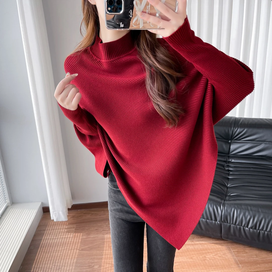 2024秋冬新款斗篷纯色气质中长款斗篷毛衣百搭高领厚毛衣时尚套头
