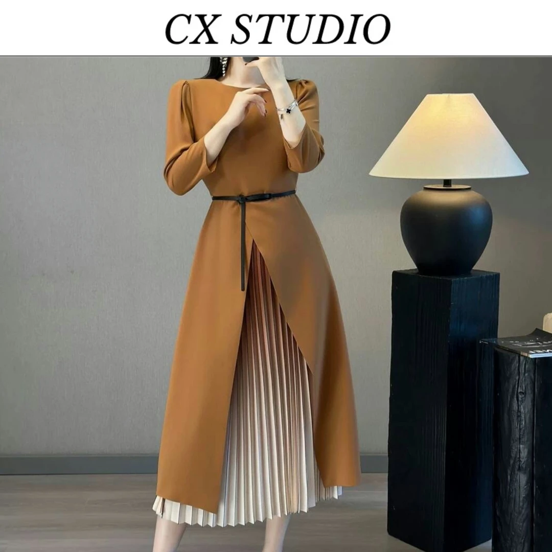 欧美风优雅连衣裙2024早秋通勤设计灵动飘逸假两件长裙S6256