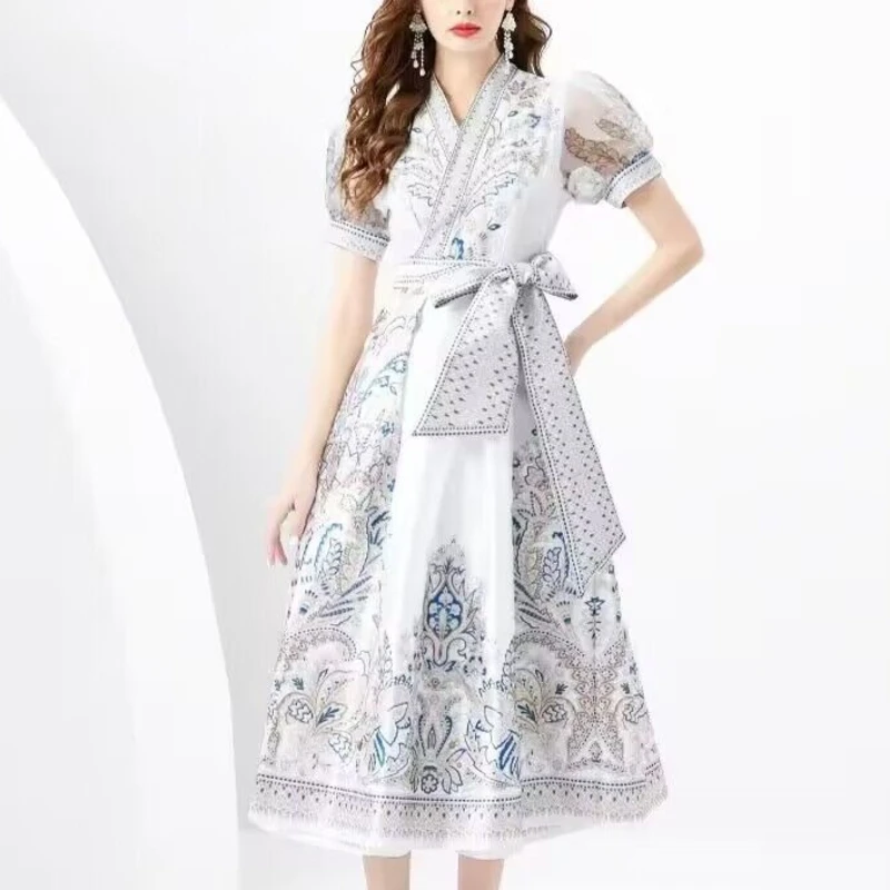 编码214 宫廷风印花连衣裙系带收腰灯笼袖长款2024夏女装YS6237