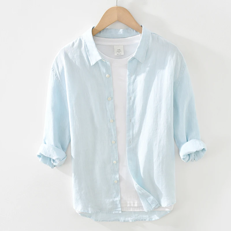 亚麻七分中袖衬衫男士夏季薄款小清新浅绿色寸衫棉麻衬衣上衣服