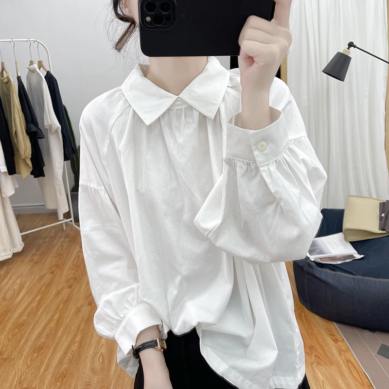 娃娃领灯笼袖纯棉长袖白衬衫女2025春秋韩系宽松上衣复古打底衬衣