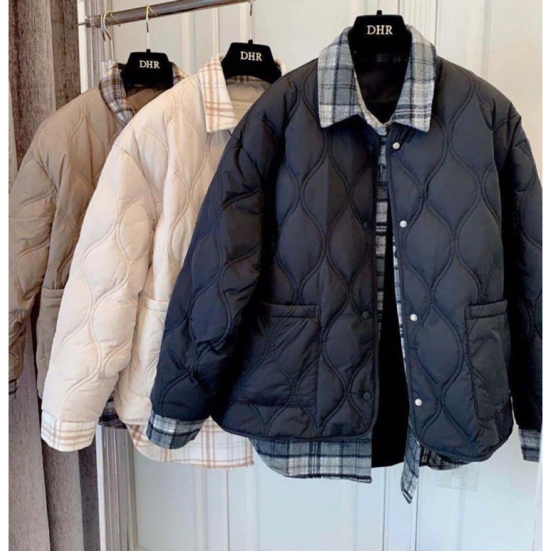 秋冬假两件菱格棉服女2024年新款衬衫拼接棉衣时尚爆款格子外套潮